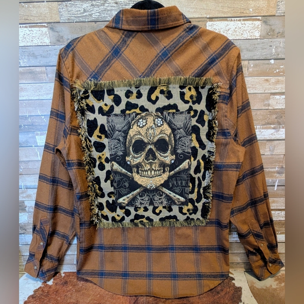 Military Skull And Crossbones Upcycled With Charms Patches Studs Flannel Shirt